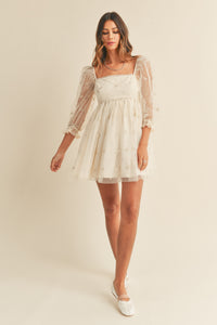 Kyra Puff Sleeve Tulle Ribbon Babydoll Dress - Cream