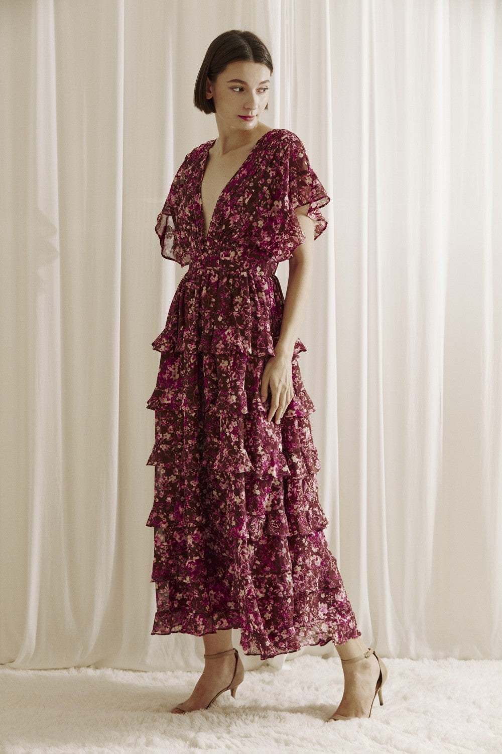 Aubree Ruffled Floral Print Midi Dress - Maroon Medium Aubree Ruffled Floral Print Midi Dress - Maroon Medium