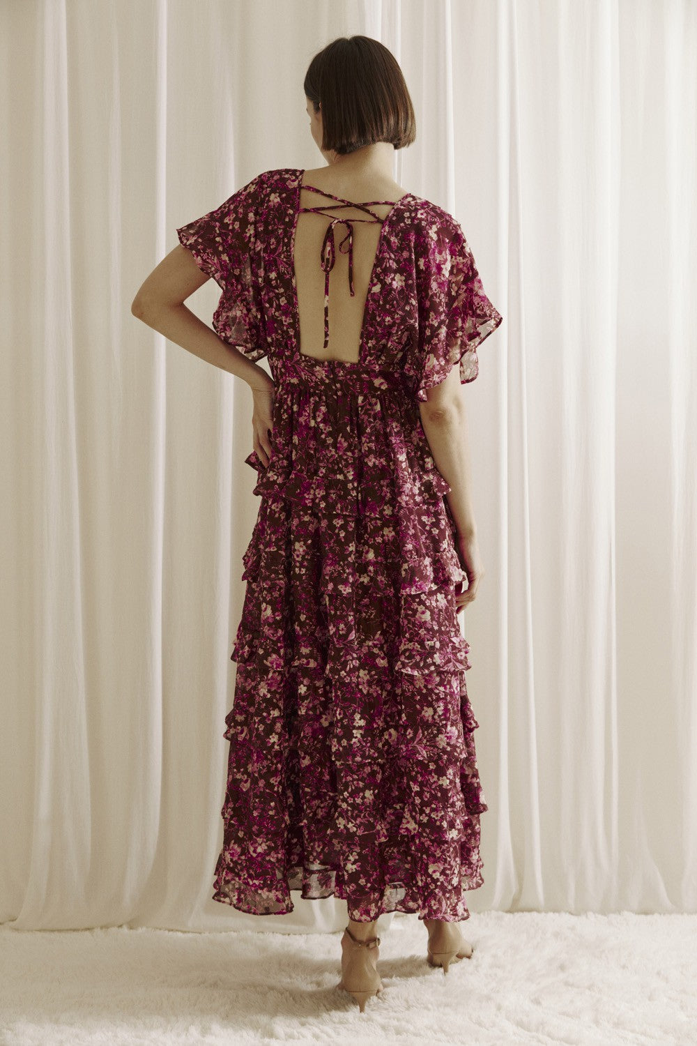 Aubree Ruffled Floral Print Midi Dress