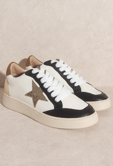 Elaina Star Lace Up Sneakers - Black & Gold