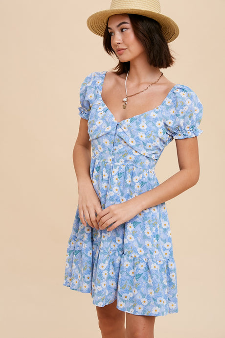 Kitt Puff Sleeve Daisy Floral Mini Flare Dress