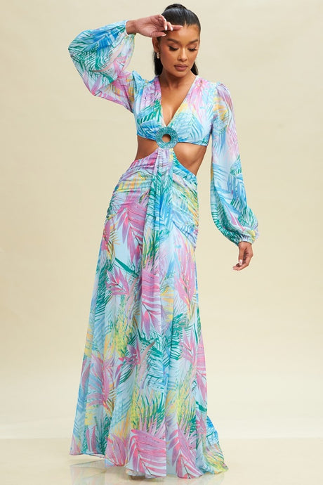 Miami Tropical Cutout Long Sleeve Maxi Dress