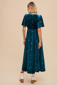 Alaina Velvet Embroidered Maxi Dress - Teal