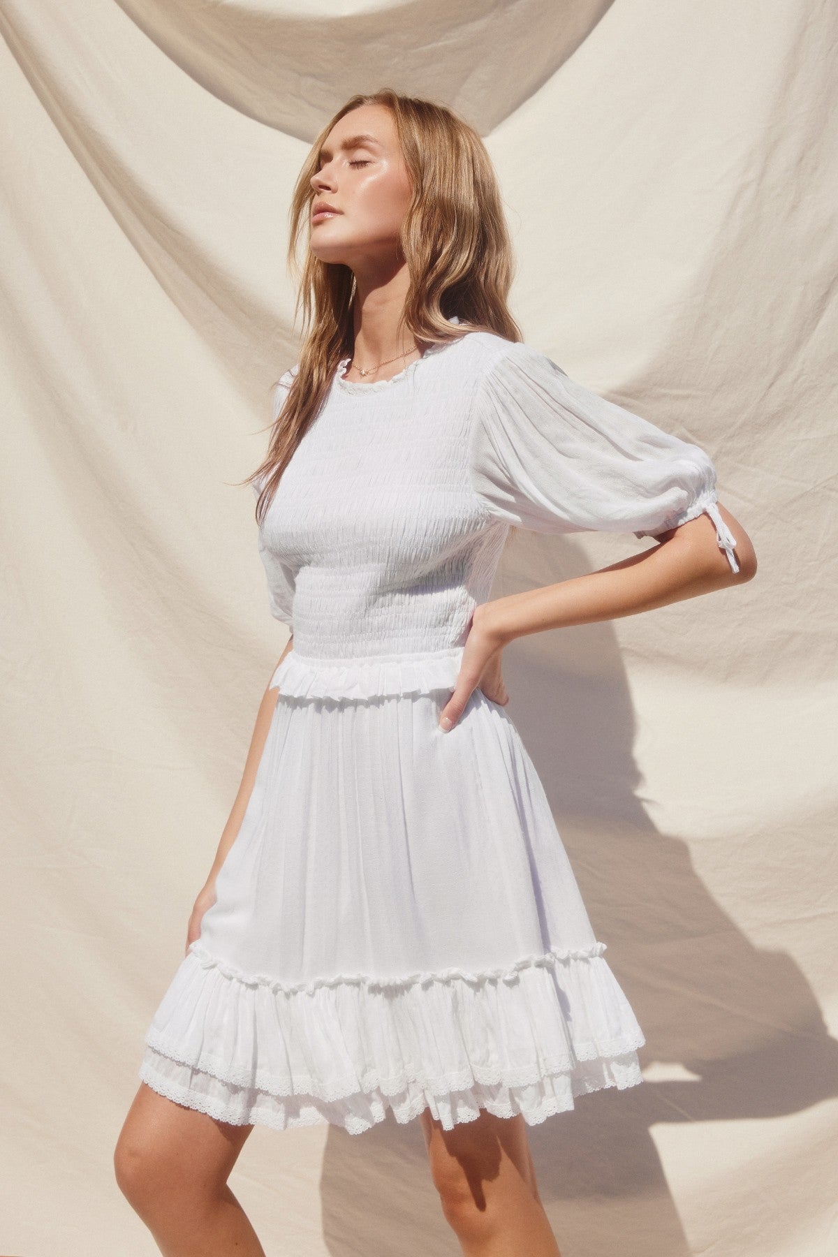 Alayna Ivory Ruffle Smocked Mini Dress Large Alayna Ivory Ruffle Smocked Mini Dress Large
