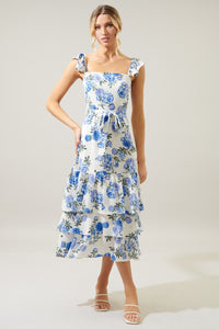 Aimee Tiered Flutter Sleeve Floral Midi Dress - Blue