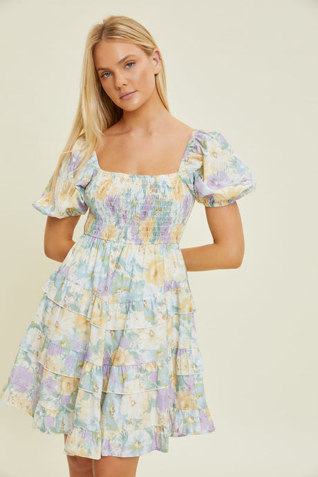 Elise Pastel Watercolor Ruffle Mini Dress