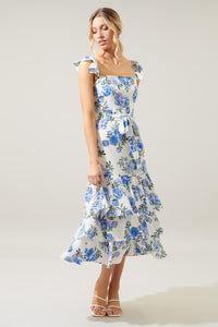 Aimee Tiered Flutter Sleeve Floral Midi Dress - Blue