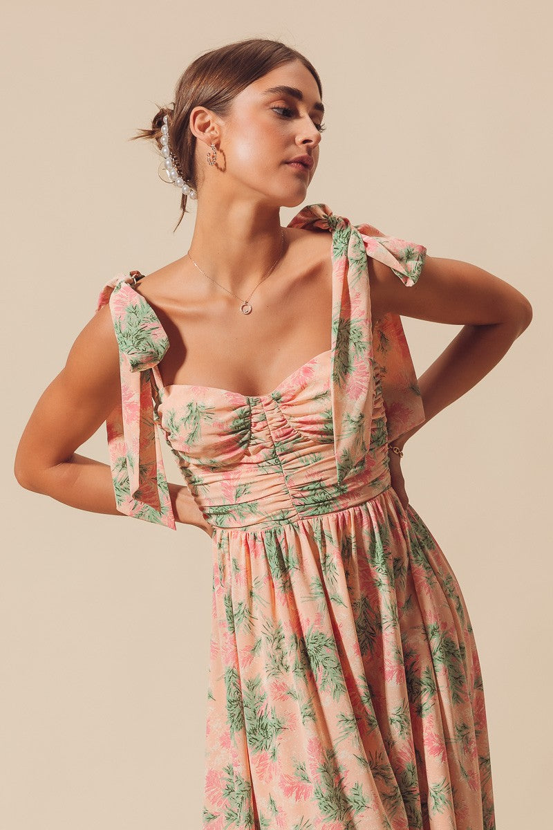 floral midi dress tie strap Leandra Peach Tie Strap Floral Midi Dress Medium