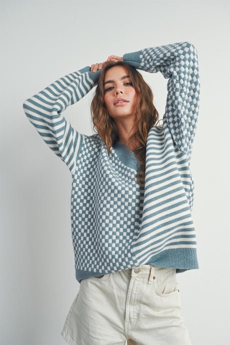 Jolie Blue V Neck Checker Sweater