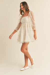 Kyra Puff Sleeve Tulle Ribbon Babydoll Dress - Cream