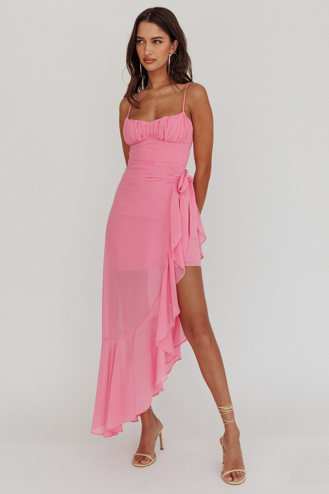 Clara Pink Chiffon Asymmetrical Waterfall Dress