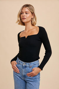 Hannah Fitted Rib Long Sleeve Top in Black