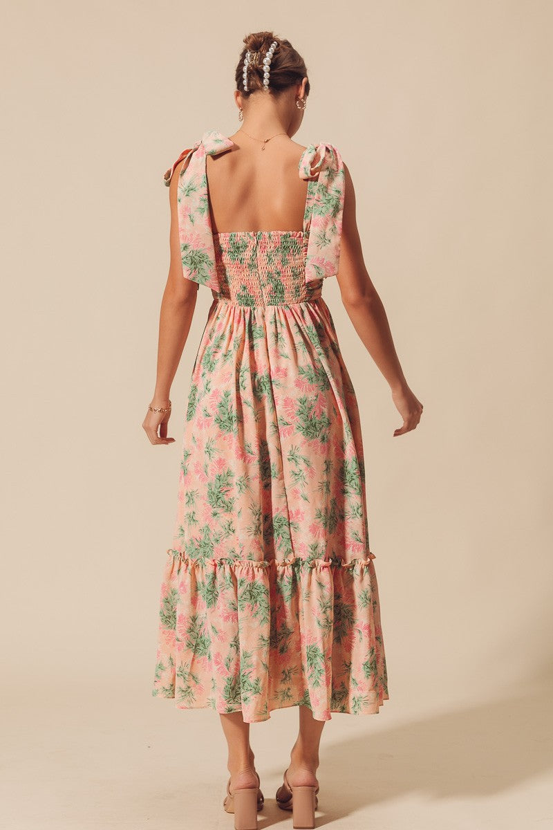 Leandra Peach Tie Strap Floral Midi Dress Medium