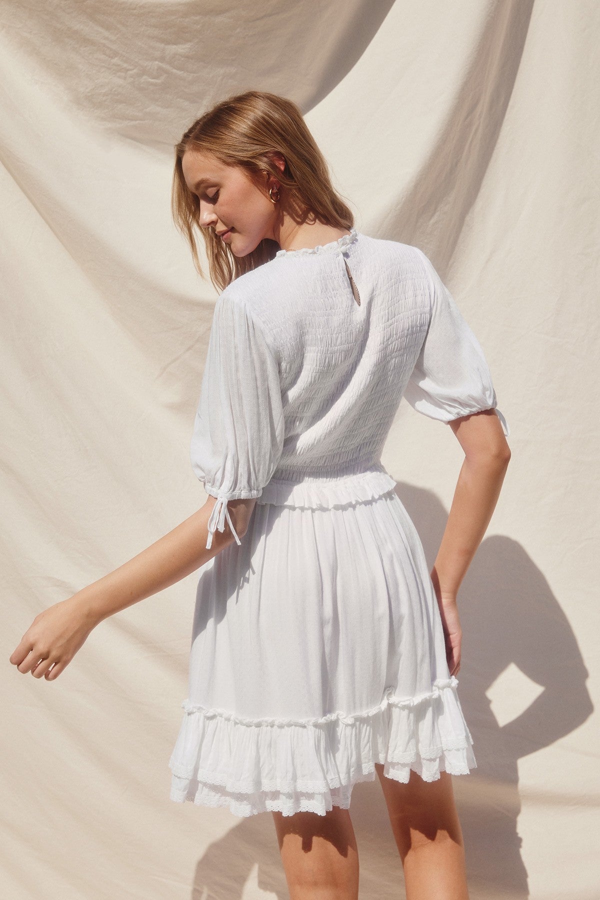 Alayna Ivory Ruffle Smocked Mini Dress Large