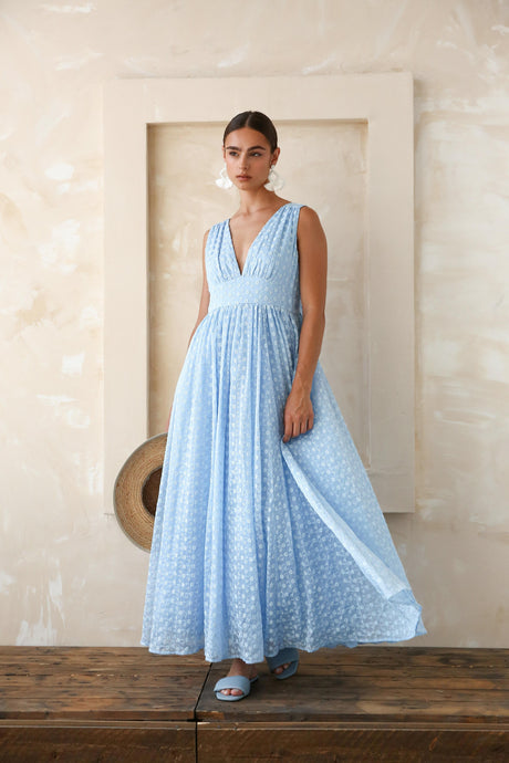 Solene Embroidered Maxi Dress - Blue Sky