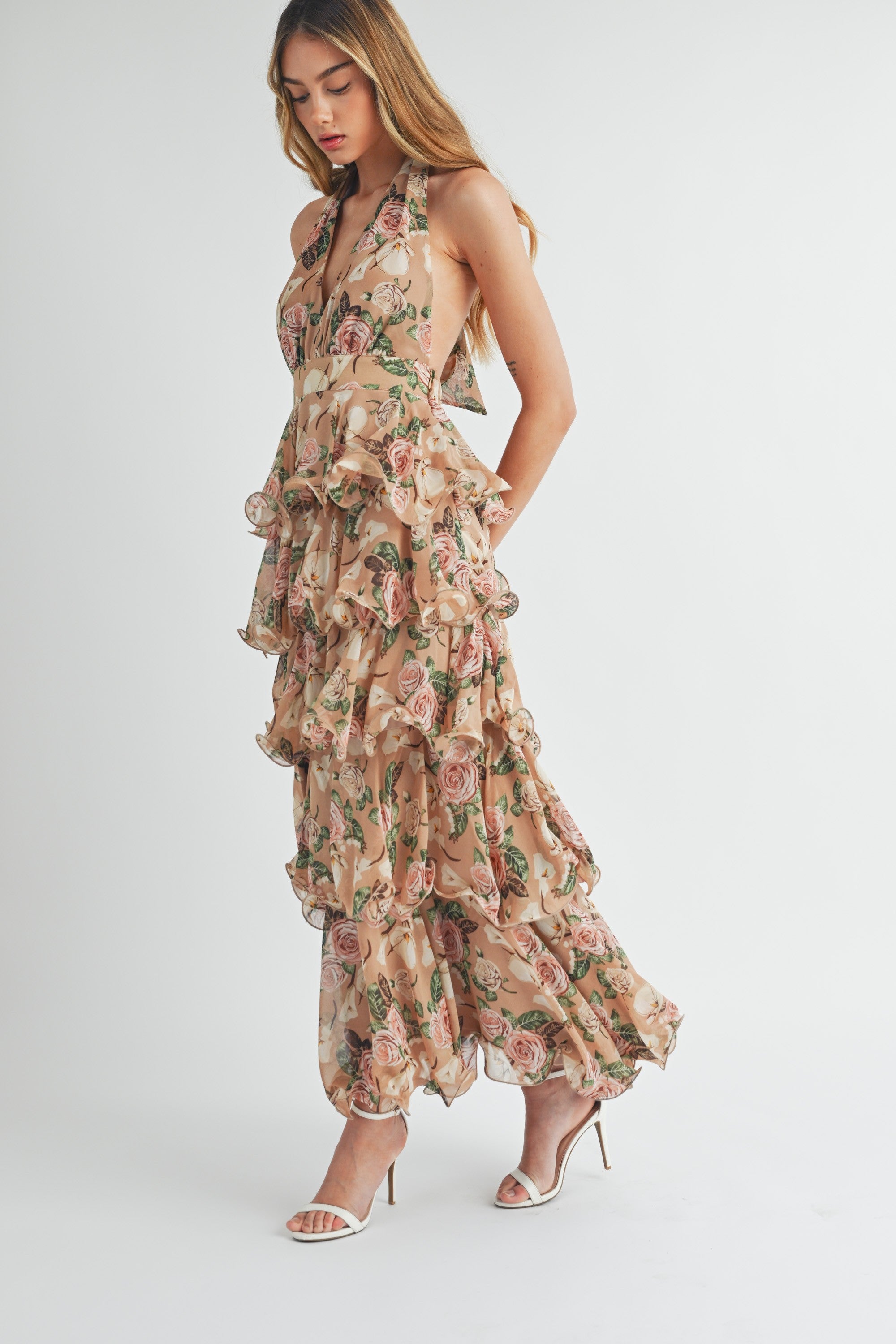 Miranda Halter Ruffle Tier Maxi Dress - Taupe Medium Miranda Halter Ruffle Tier Maxi Dress - Taupe Medium