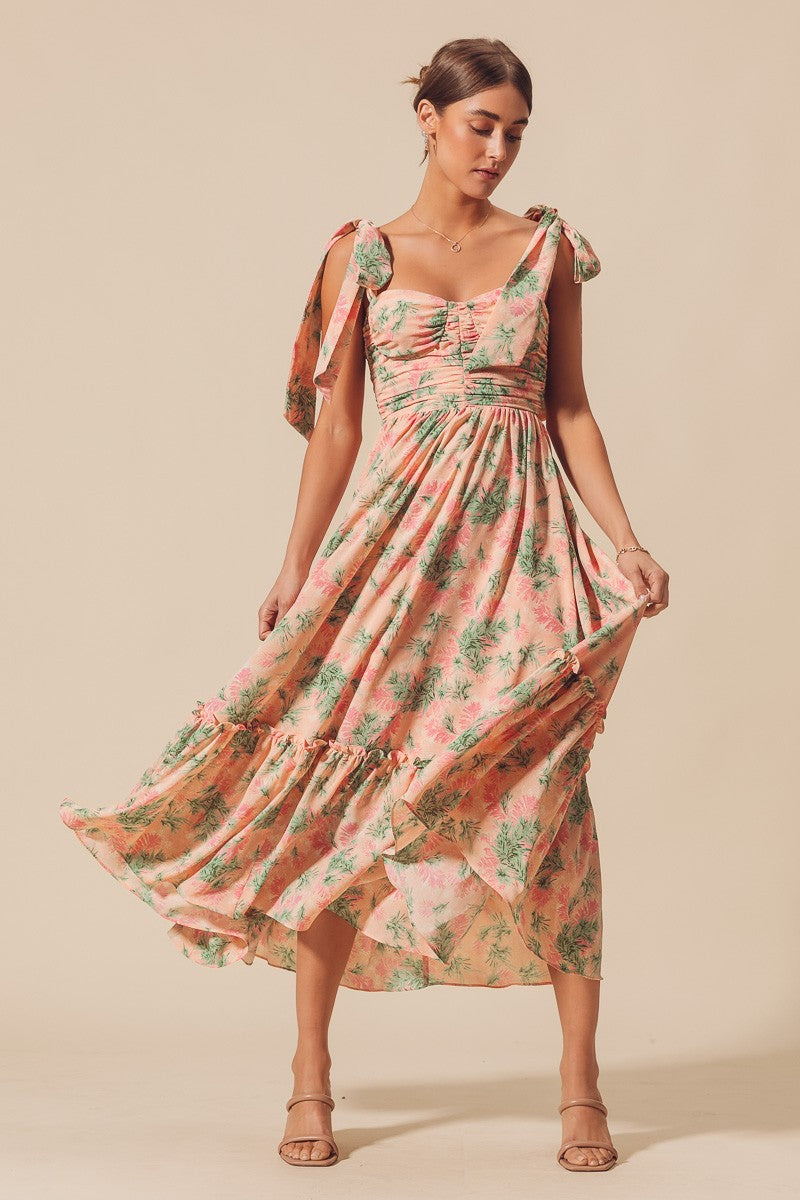 Leandra Peach Tie Strap Floral Midi Dress Medium