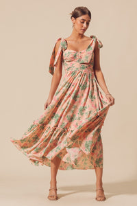 Leandra Romantic Peach Tie Strap Maxi Dress, Preorder