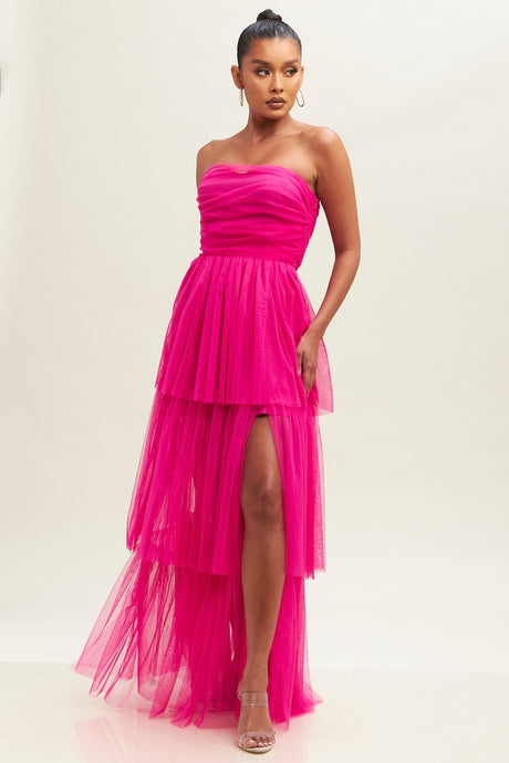 Meghan Tiered Tulle Strapless Party Dress - Fuchsia