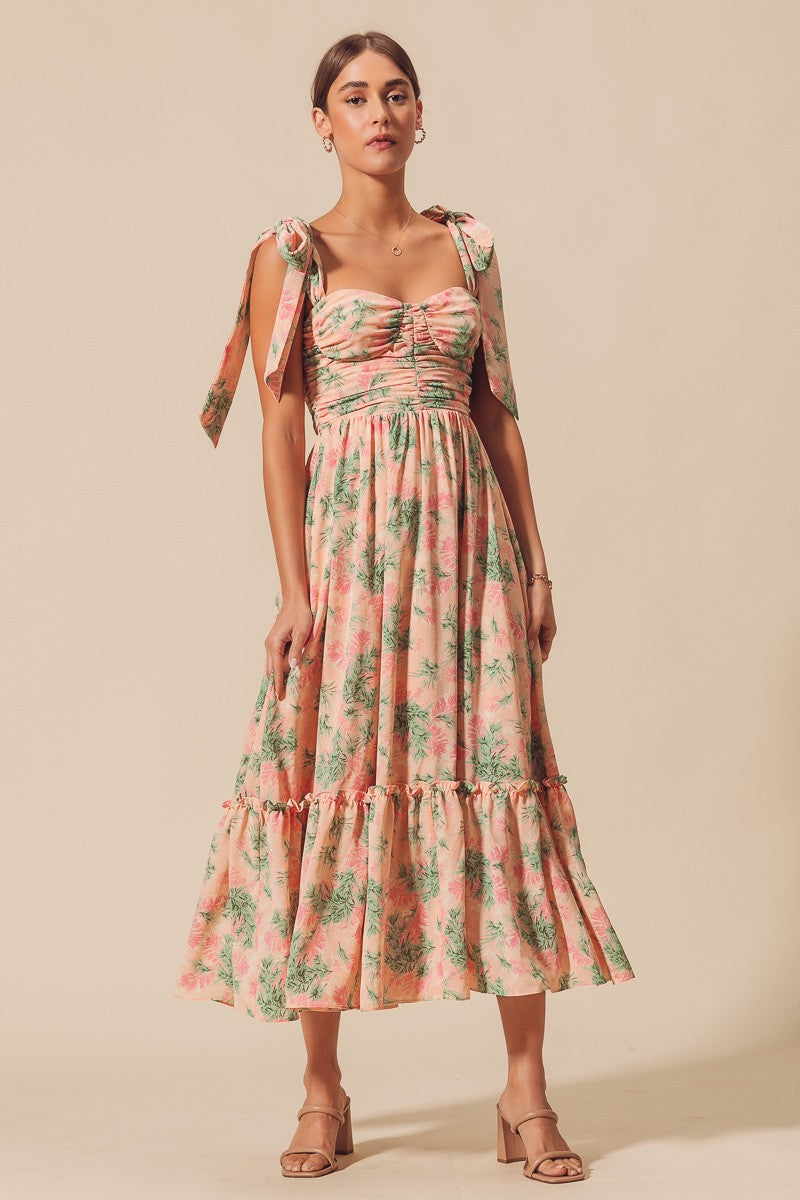 playfully posh blush floral organza tie-strap tiered midi dress I love weddings dress: @Lulus Playfully Posh Blush Floral Organza Tie-Strap Tiered Midi Dress #weddingguesstdress #lulusdress #summerwedding #floraldress #gardenparty