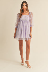 Kyra Puff Sleeve Tulle Ribbon Babydoll Dress - Lavender