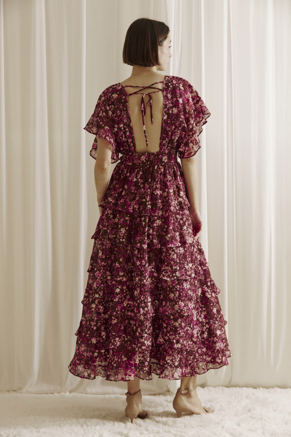 Aubree Ruffled Floral Print Midi Dress - Maroon Medium