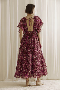 Aubree Ruffled Floral Print Midi Dress - Maroon