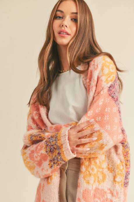 Laney Fuzzy Multi Color Floral Cardigan - Peach
