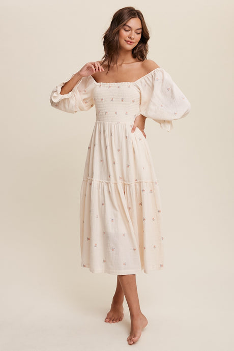 Karina Smocked Floral Midi Dress - Cream: PREORDER