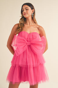 Nadia Bright Pink Tulle Bow Strapless Mini Dress