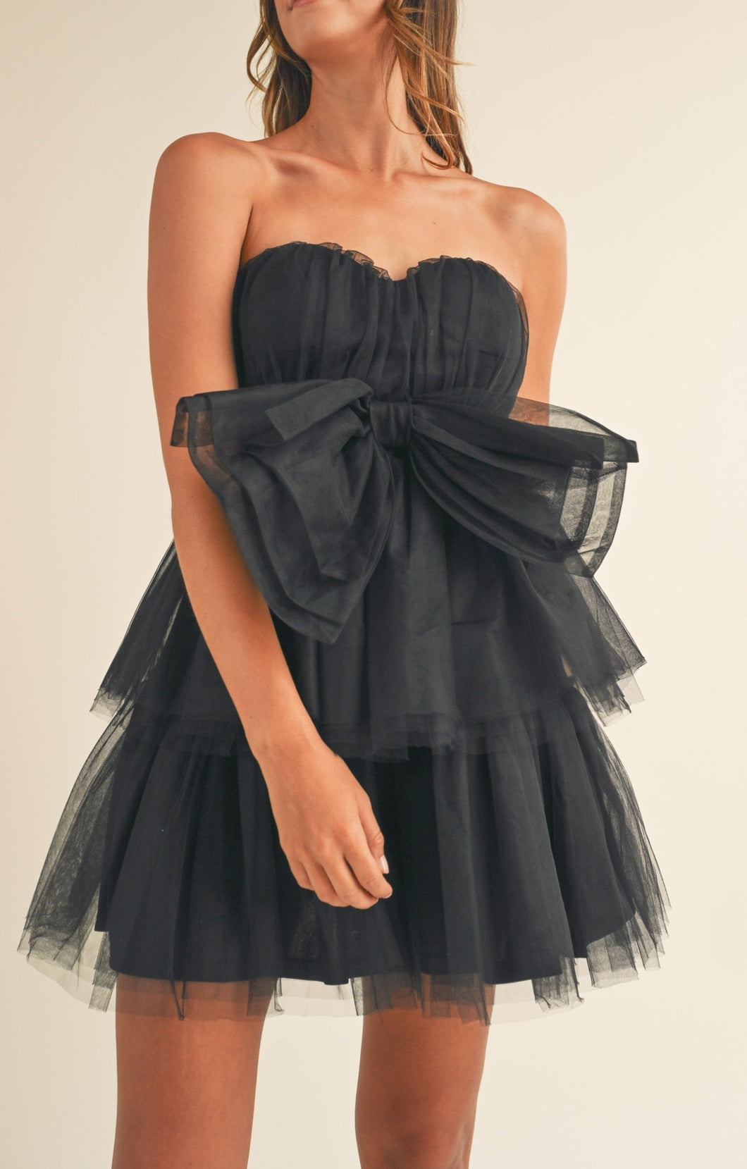 Nadia Black Tulle Bow Strapless Mini Dress