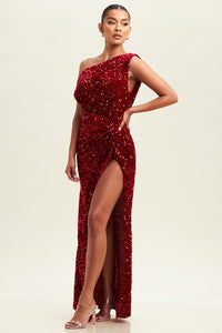 Tessa Red Sequin Off The Shoulder Drape Gown