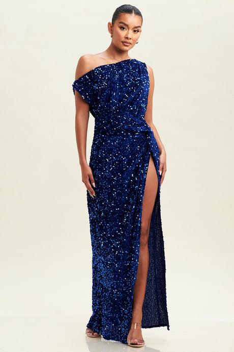 Tessa Blue Sequin Off The Shoulder Drape Gown