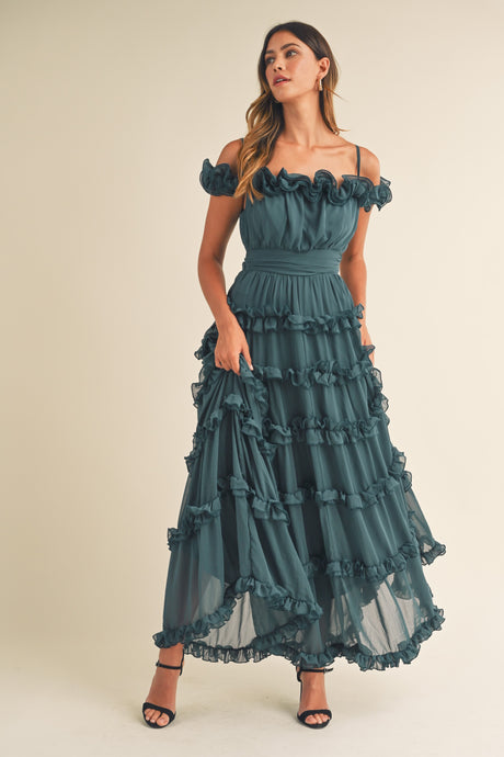 Leia Emerald Ruffled Floor Length Dress