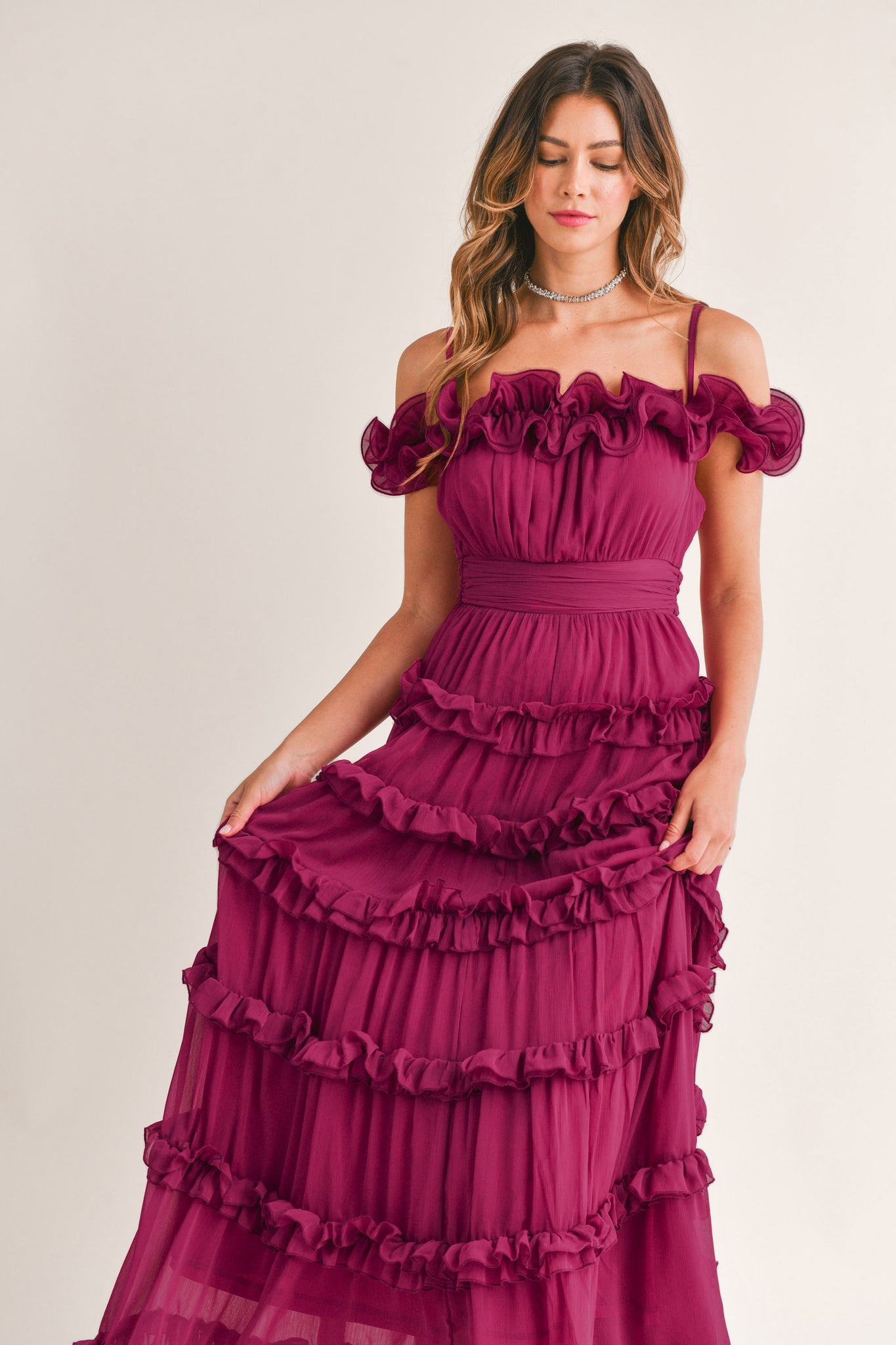 Leia Ruffled Floor Length Dress - Fuschia Small Leia Ruffled Floor Length Dress - Fuschia Small