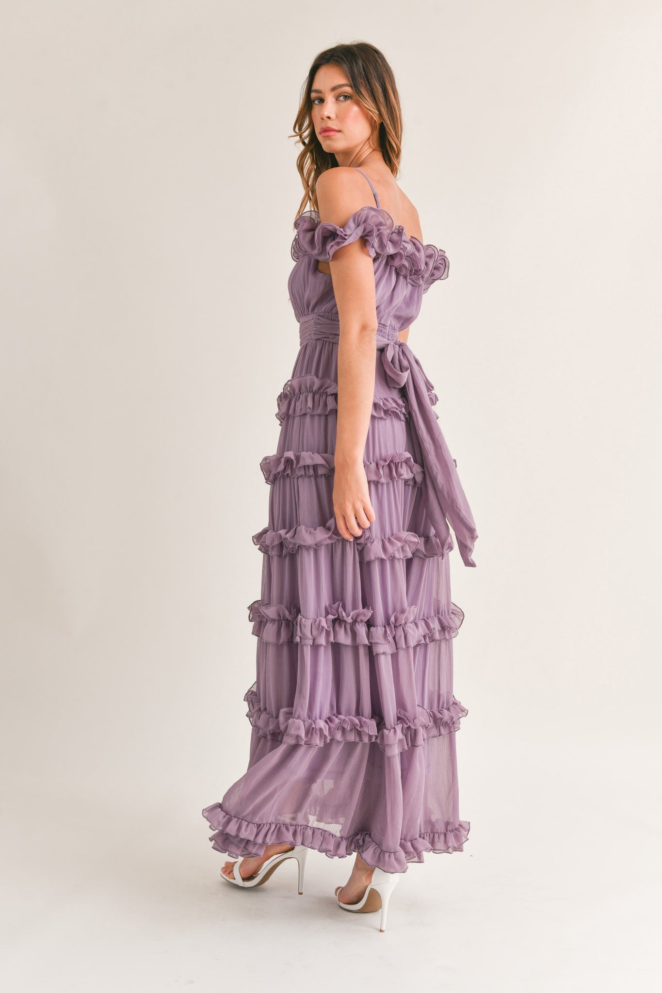 Leia Dusty Lavender Ruffled Floor Length Dress Small Leia Dusty Lavender Ruffled Floor Length Dress Small