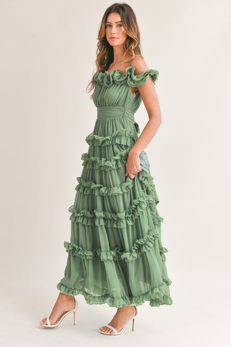 Leia Green Ruffled Floor Length Dress