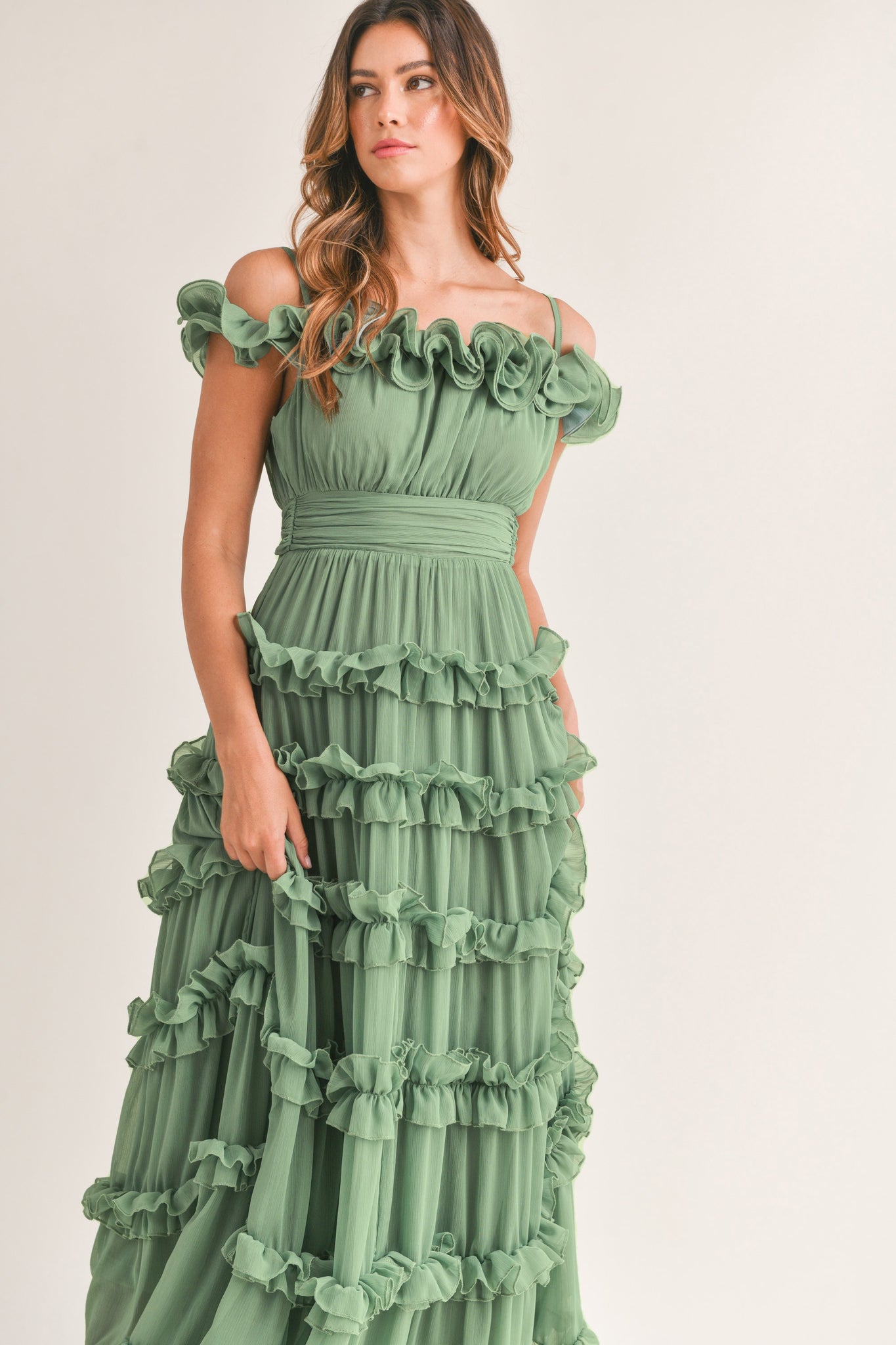 Leia Green Ruffled Floor Length Dress Thread + Vine Boutique Leia Green Ruffled Floor Length Dress Thread + Vine Boutique