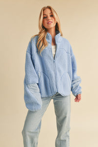teddy zip up fleece jacket sherpa active outerwear blue funnel neck free people slopes