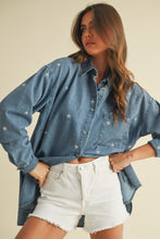 Load image into Gallery viewer, Women's button down chambray shirt embroidered cowgirl western style casual boutique outfits