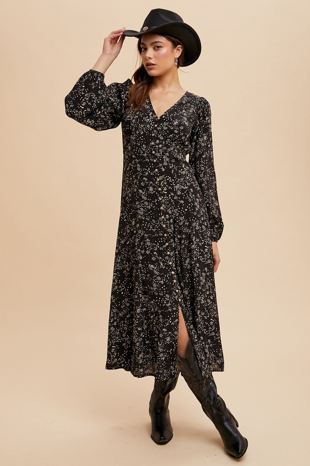 black floral button down front maxi dress fall cowgirl style modest casual dresses