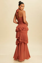 Load image into Gallery viewer, Jayla Twisted Ruffle Ariella Wine Maxi Dress - Rust