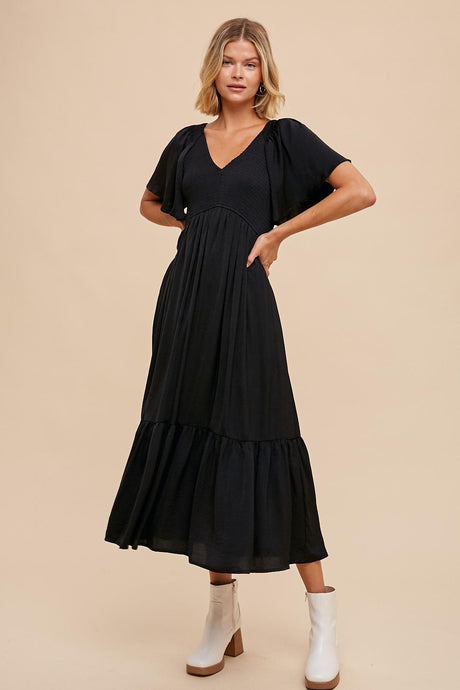 Celine Smocked Satin Maxi Dress in Black