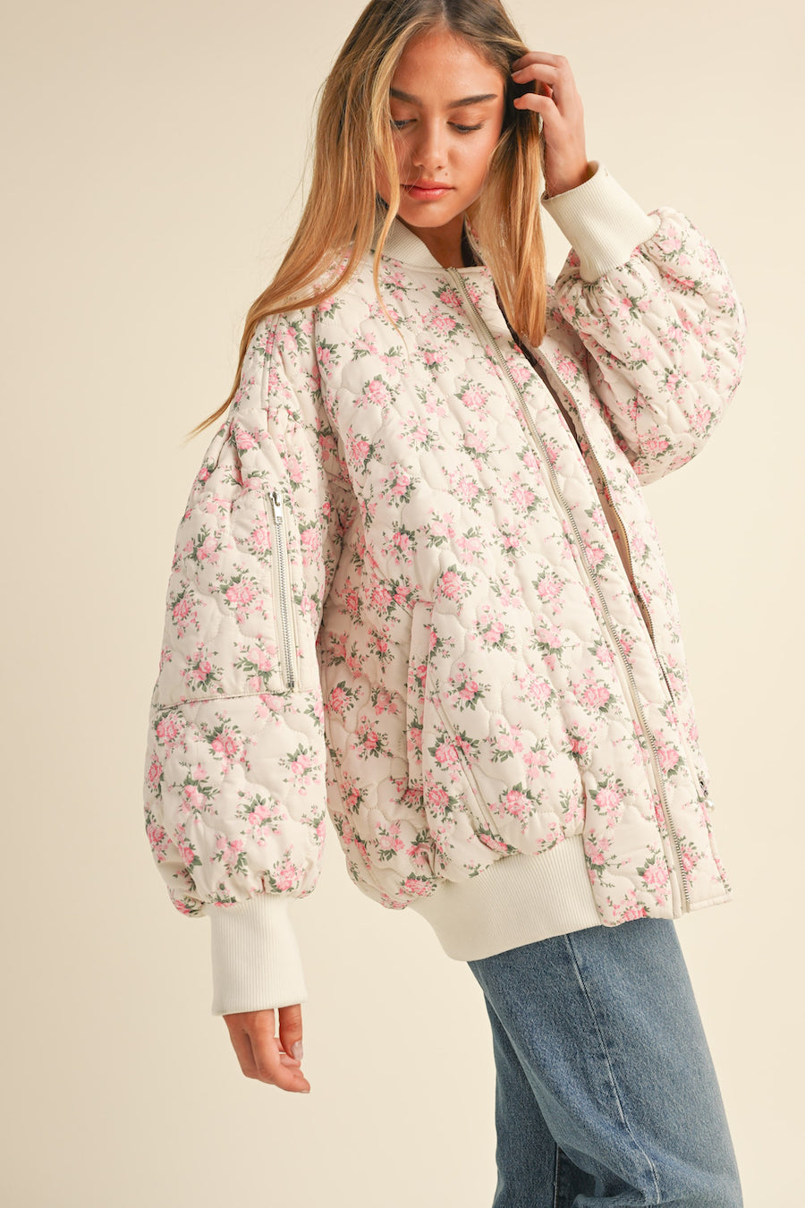 Elsa Oversized Floral Puffer Bomber Jacket