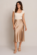 Load image into Gallery viewer, satin midi skirt with side slit double layer lined formal dressy skirts going out outfits holiday skort