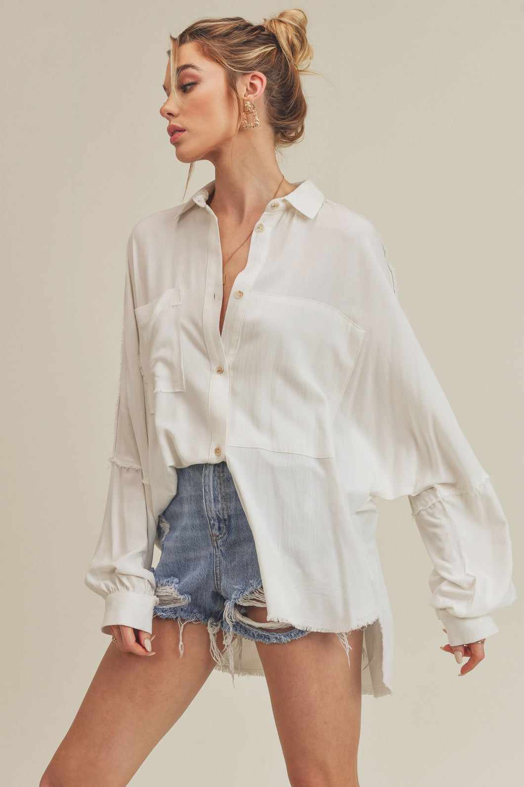 Daria Distressed Hem Button Down Blouse