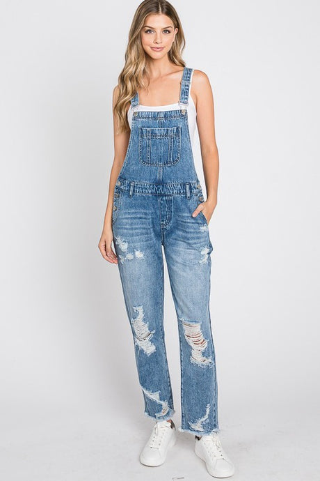 Distressed Medium Wash Overalls