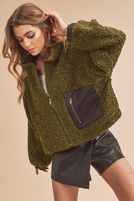 Olive Teddy Sherpa Jacket