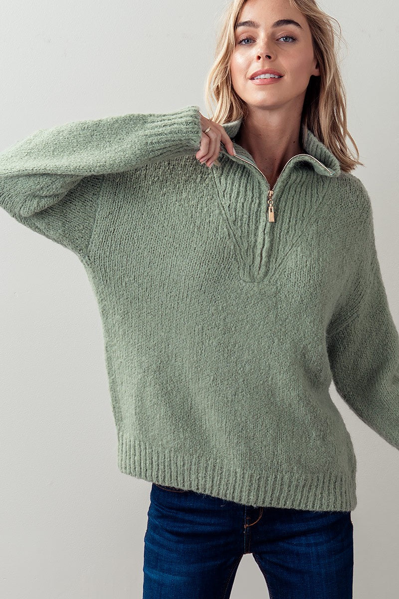 Kendra Zip up Pullover Sweater - Sage