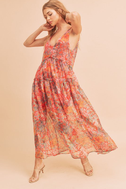 Flowy colorful maxi dress loose sheath tiered red summer dresses free people style
